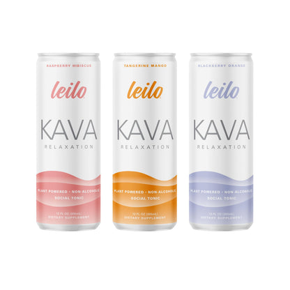 LEILO Kava Powered Sparkling Relaxation Drink | Classic Variety Pack – Raspberry Hibiscus, Tangerine Mango & BlackBerry Orange (12 x 12 oz Cans)