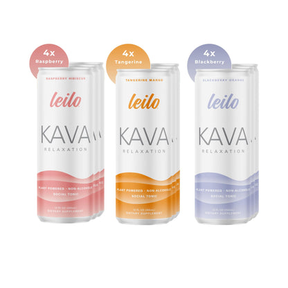LEILO Kava Powered Sparkling Relaxation Drink | Classic Variety Pack – Raspberry Hibiscus, Tangerine Mango & BlackBerry Orange (12 x 12 oz Cans)
