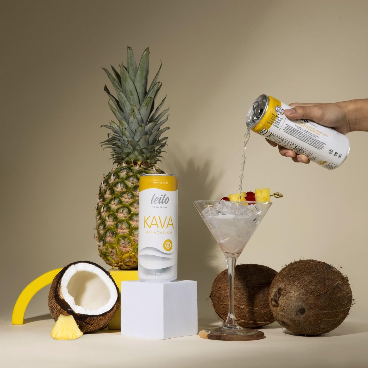 LEILO Kava Powered Pina Colada Mocktail – Sugar-Free, 12-Pack, 10 Cal Per Can, Non-Alcoholic