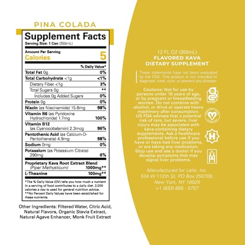 LEILO Kava Powered Pina Colada Mocktail – Sugar-Free, 12-Pack, 10 Cal Per Can, Non-Alcoholic