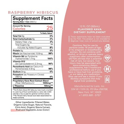 LEILO Kava-Powered Sparkling Relaxation Drink | Raspberry Hibiscus 12-Pack | Non-Alc Calming Beverage