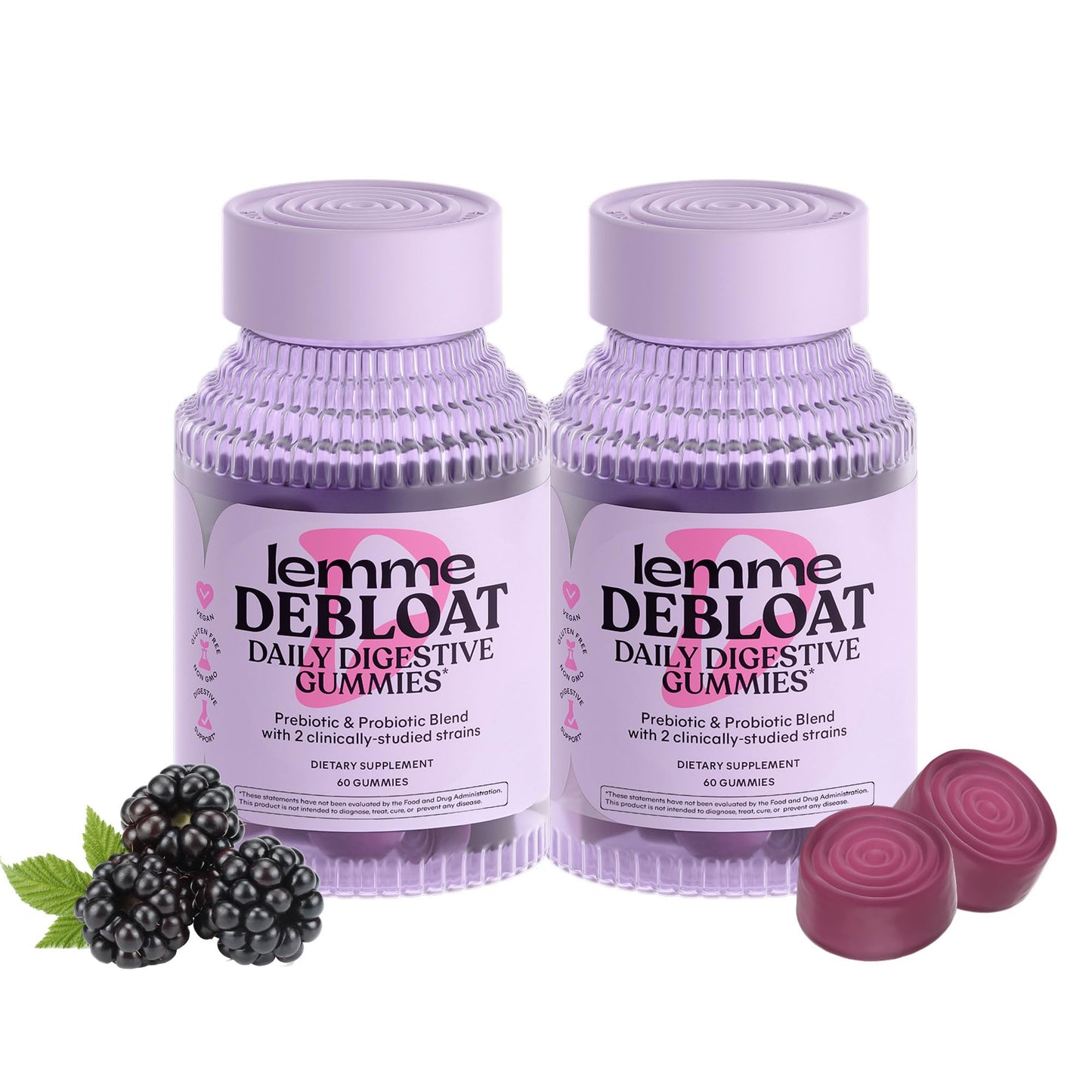 Lemme Debloat Gummies – Digestive & Gut Health Probiotics + Prebiotic, BlackBerry Flavor (60 Count) Pack of 2 | Vegetarian & Gluten Free