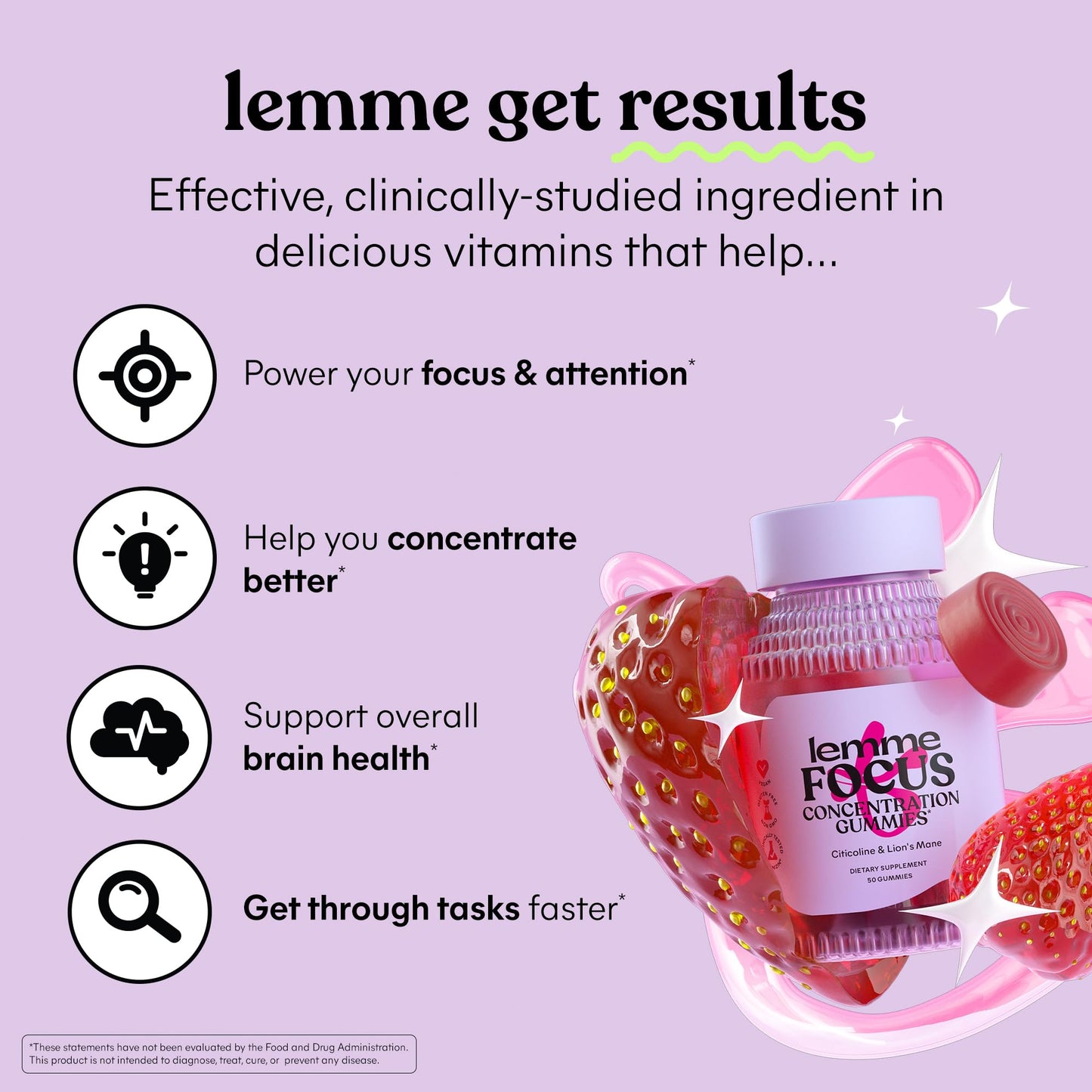 Lemme Focus Gummies – Cognizin, Lion’s Mane & B12 for Focus (50ct, Strawberry)