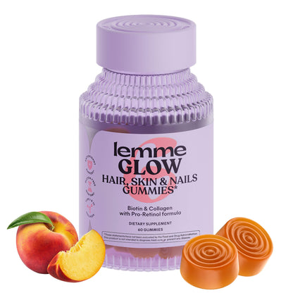 Lemme Glow Collagen Gummies – Thick Hair, Strong Nails & Healthy Skin | Biotin, Multi-Collagen, Zinc, Vitamins A/C/E | Peach Flavor 60 ct