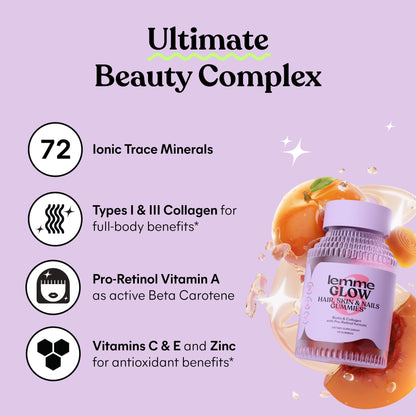 Lemme Glow Collagen Gummies – Thick Hair, Strong Nails & Healthy Skin | Biotin, Multi-Collagen, Zinc, Vitamins A/C/E | Peach Flavor 60 ct