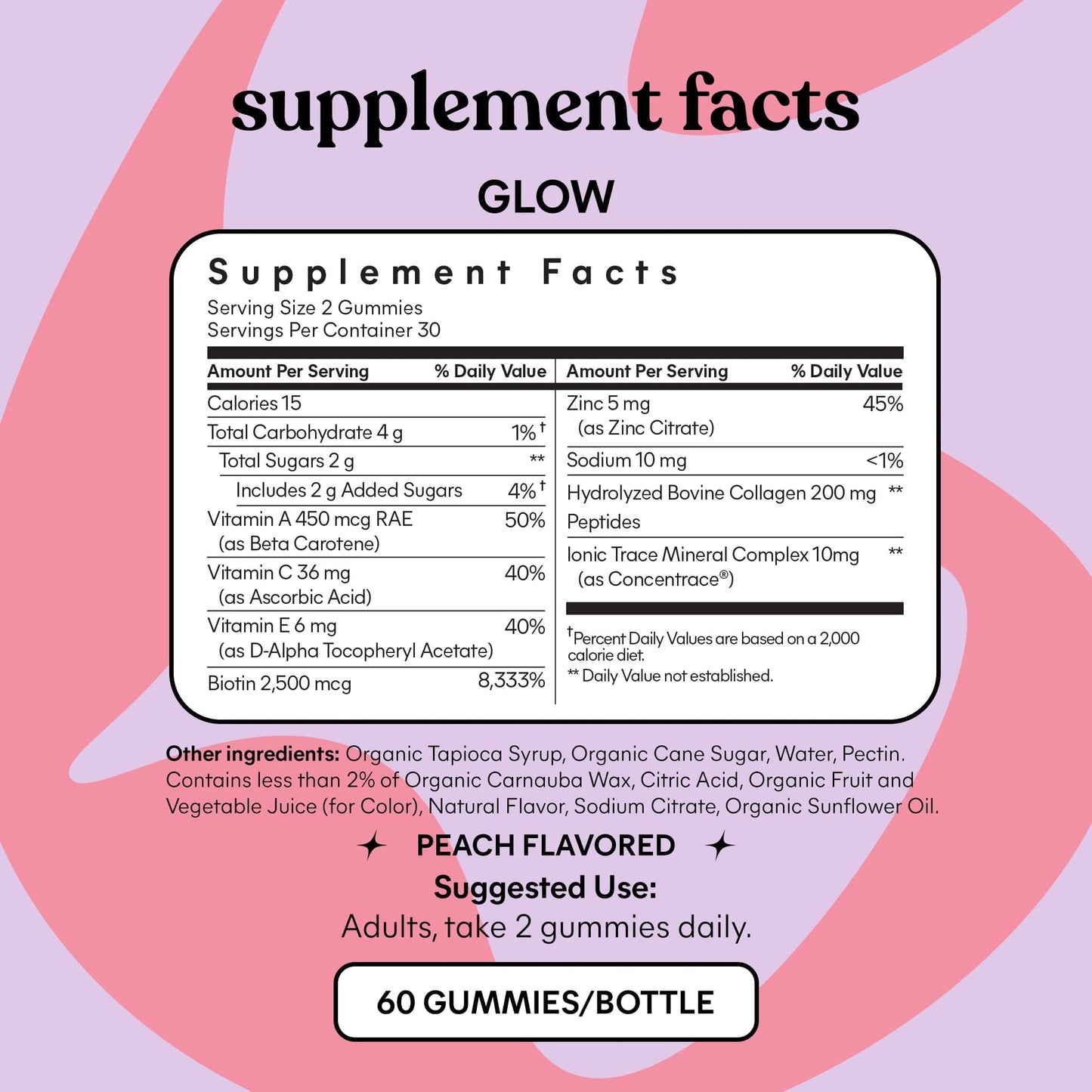 Lemme Glow Collagen Gummies – Thick Hair, Strong Nails & Healthy Skin | Biotin, Multi-Collagen, Zinc, Vitamins A/C/E | Peach Flavor 60 ct