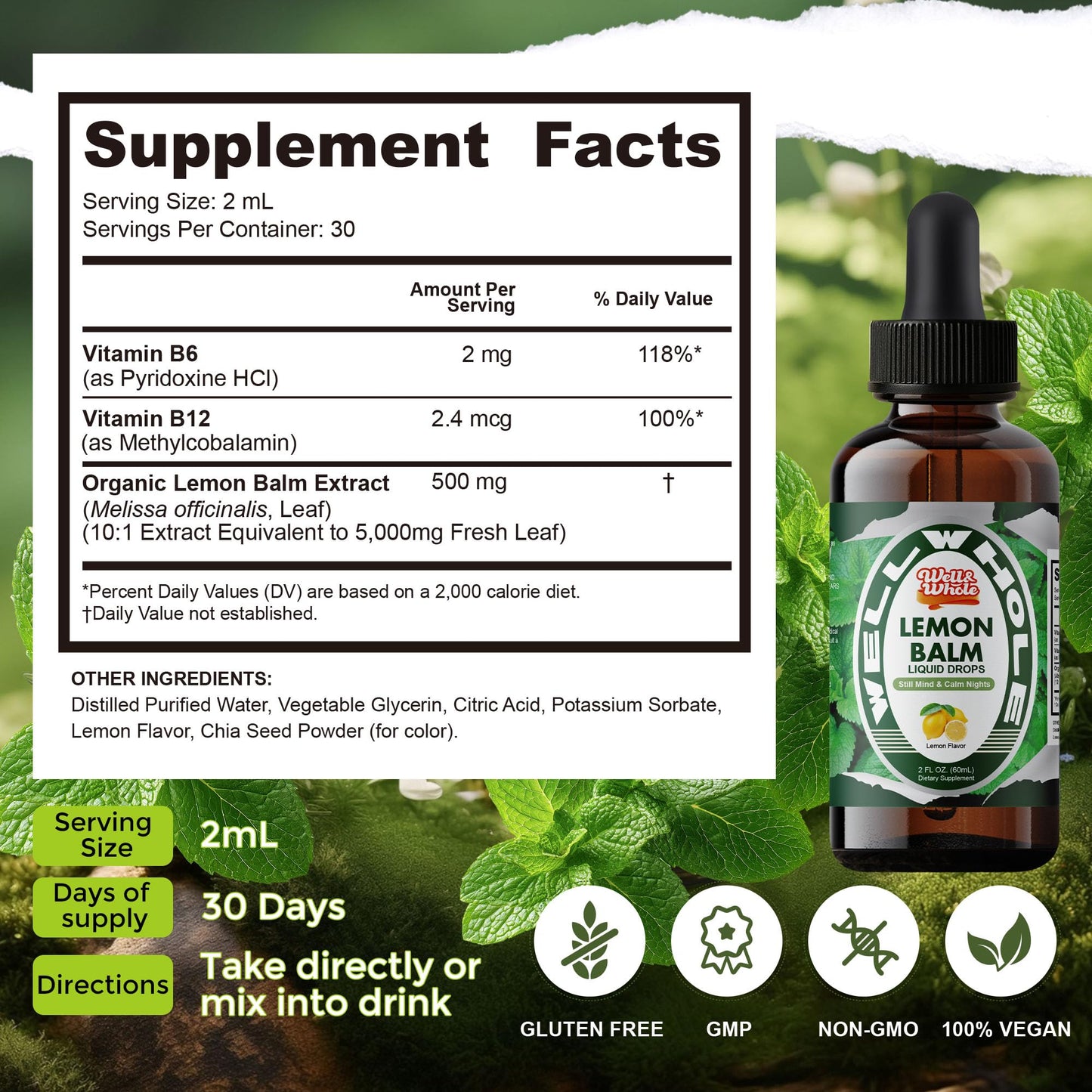 Organic Lemon Balm Tincture for Relaxation & Mood Balance – Fast-Absorbing, Alcohol-Free (60 mL)