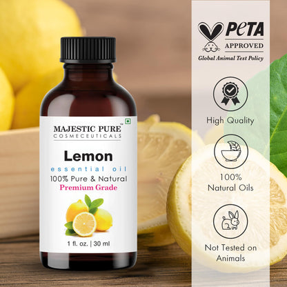 Majestic Pure Lemon Essential Oil - 100% Pure & Natural, 1 Fl Oz, Glass Dropper