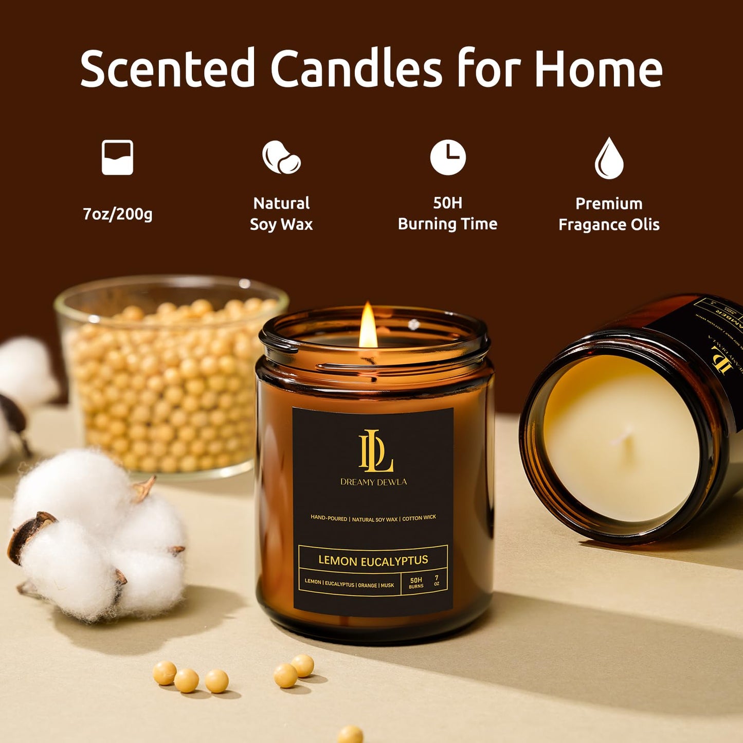 Lemon Eucalyptus Soy Candles 7oz • 50-Hour Burn Time • Home Scent & Gift