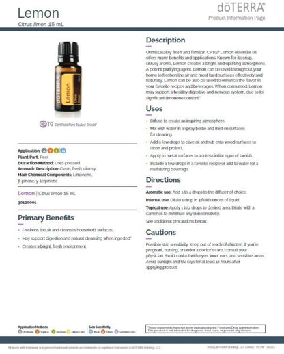 DoTerra Lemon Essential Oil 15 mL | Cold-Pressed Citrus Oil