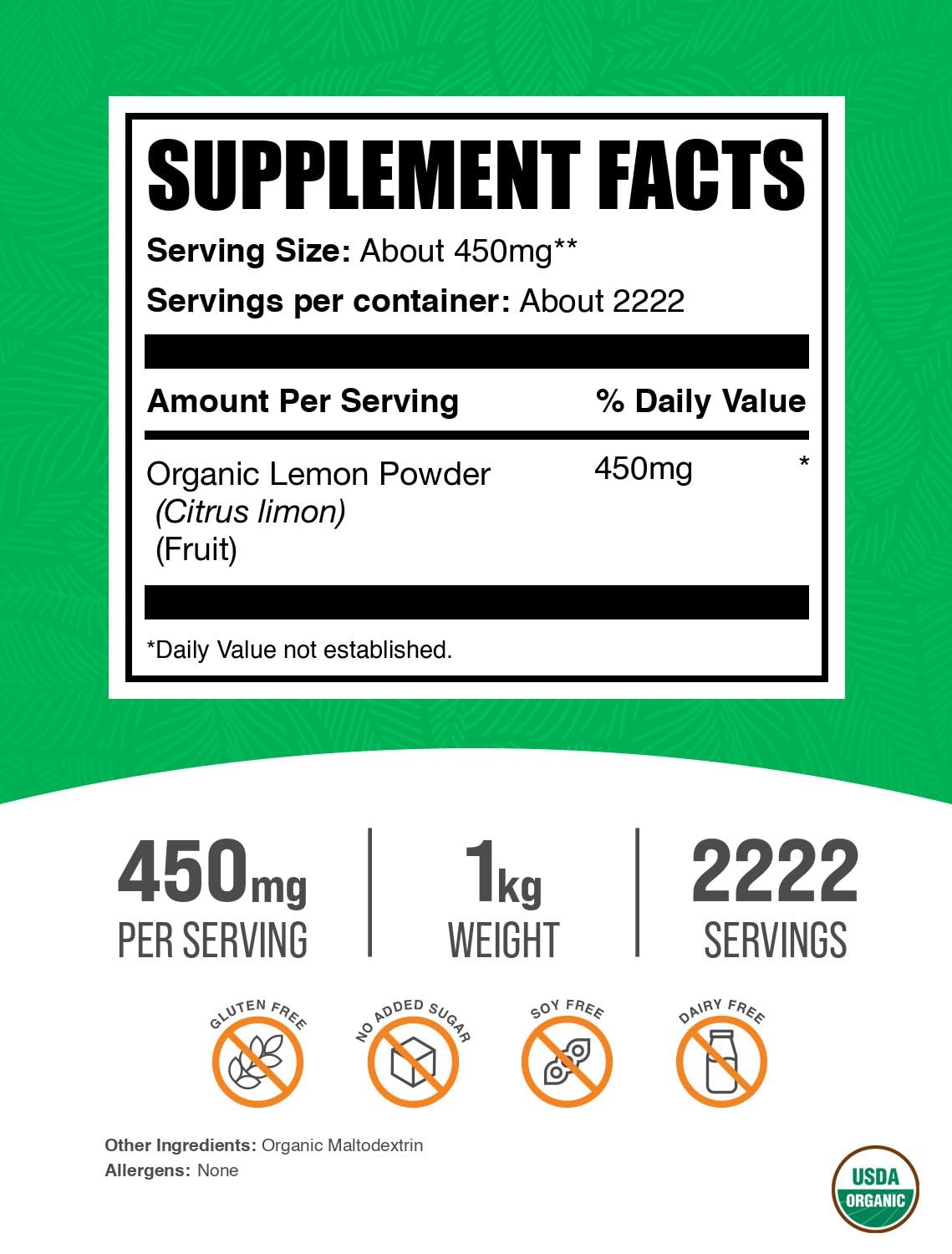 BulkSupplements.com Organic Lemon Powder - Natural Vitamin C Source, Fruit Powder, Lemon Flavoring - Gluten Free, 450mg per Serving, 1kg (2.2 lbs) (Pack of 1)