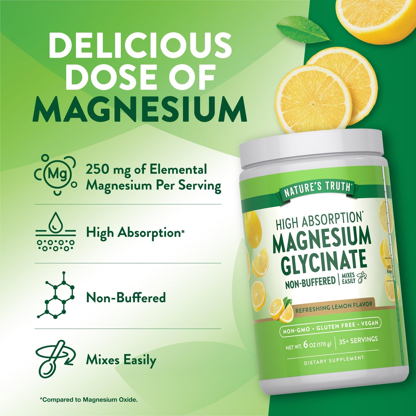 Nature's Truth Magnesium Glycinate Powder 6 oz – Lemon Flavor | High Absorption, Vegan, Non-GMO, Gluten Free