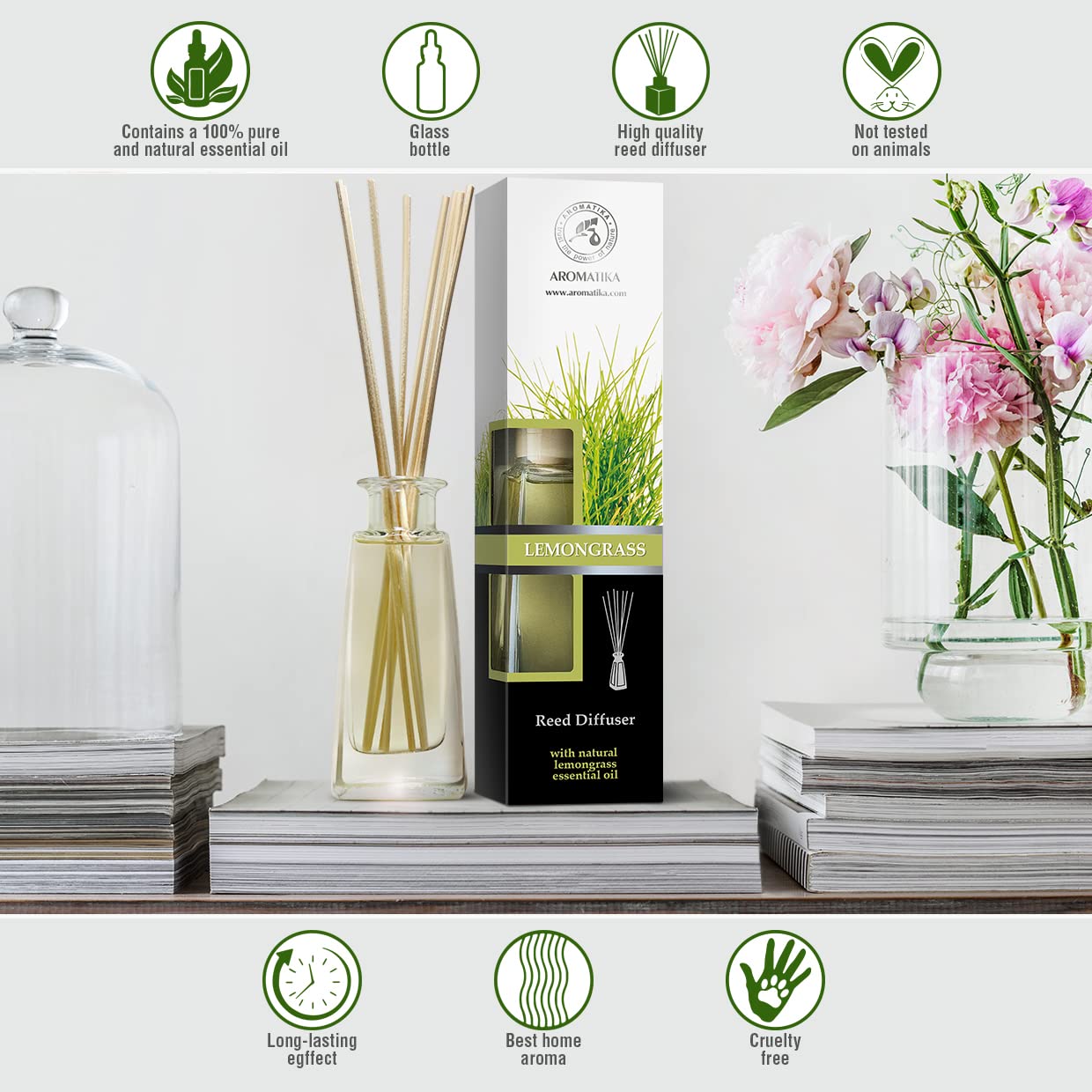 Lemongrass Oil Diffuser - Scented Reed Diffuser - Alcohol Free - Gift Set - Best for Aromatherapy - Room Air Freshener