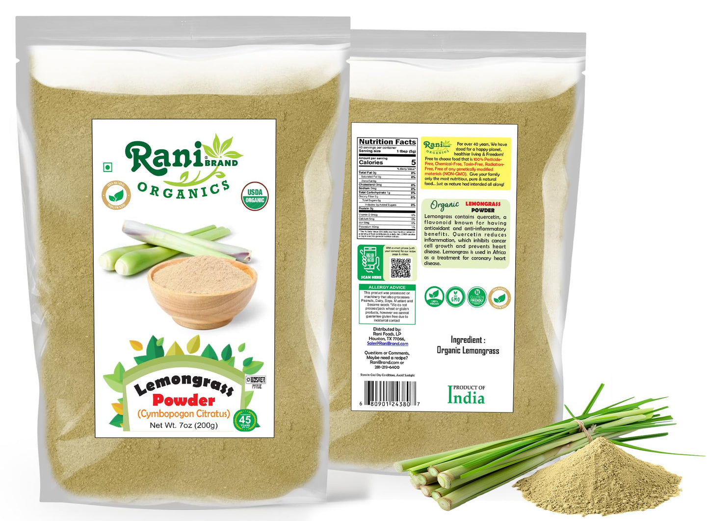 Rani Organic Lemongrass Powder (7oz/200g) – USDA Organic, Kosher, Gluten Free
