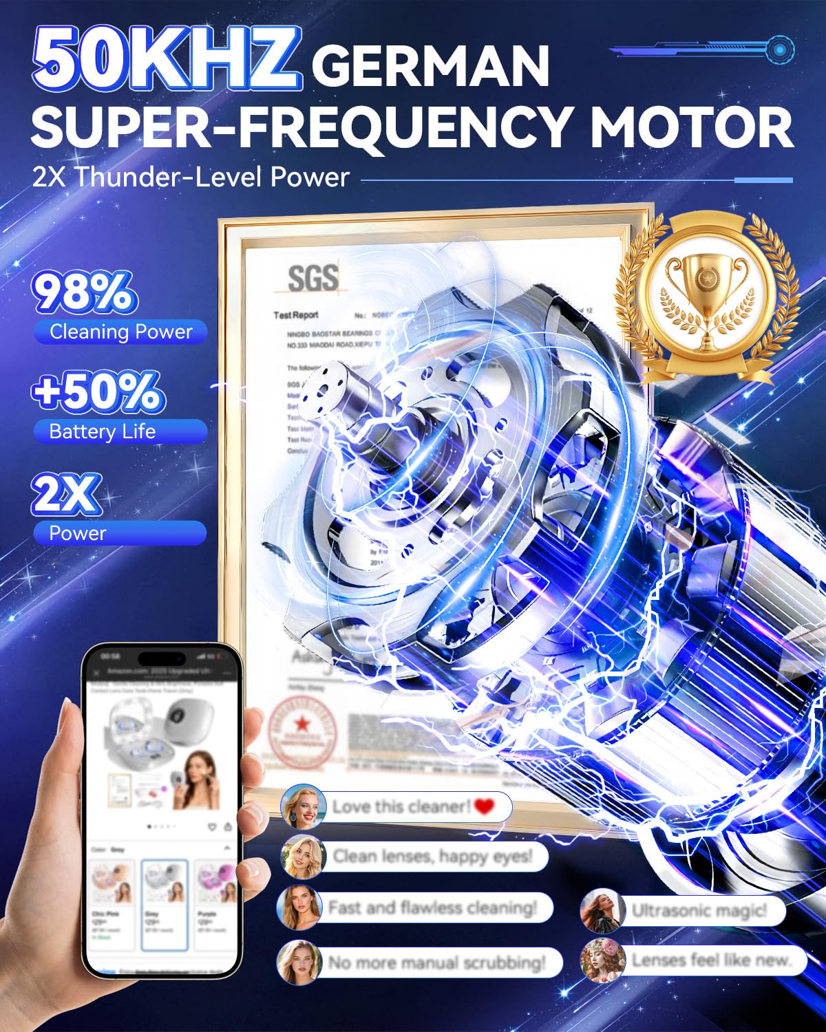 2025 Upgraded Ultrasonic Contact Lens Cleaner – 50KHz German Motor, Intelligent Chip, 3 Smart Modes, 99% Brightness, Portable Grey