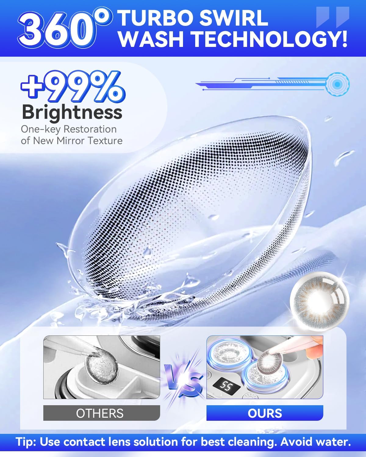2025 Upgraded Ultrasonic Contact Lens Cleaner – 50KHz German Motor, Intelligent Chip, 3 Smart Modes, 99% Brightness, Portable Grey