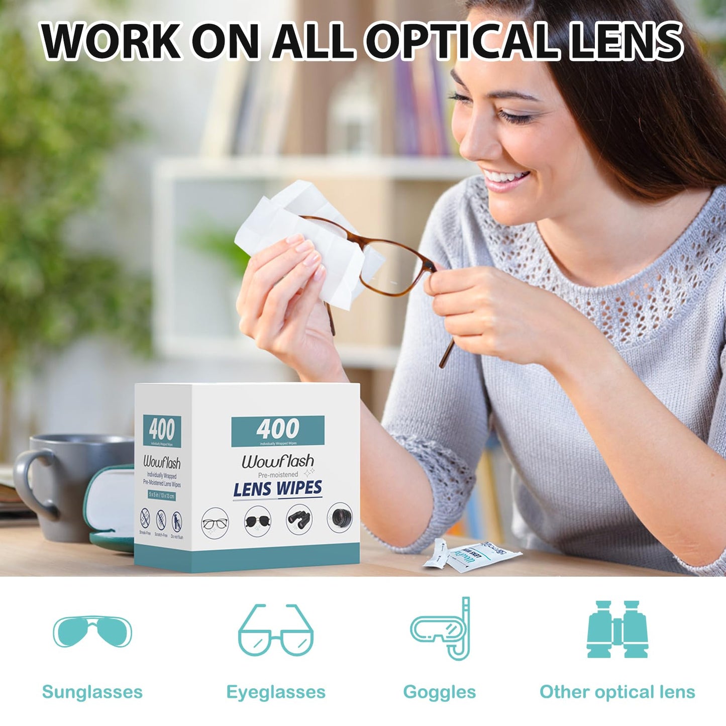 400 Count Lens Wipes for Eyeglasses – Pre-Moistened, Scratch-Free