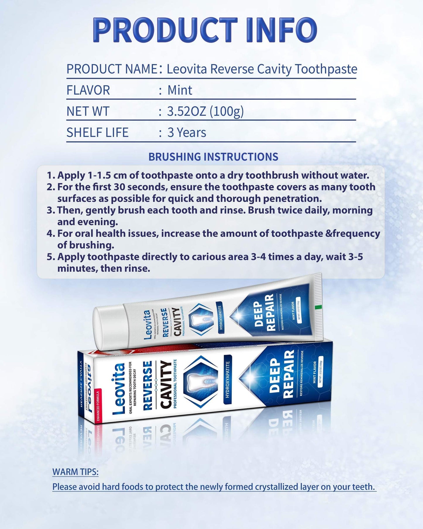Leovita Cavity Reversing Toothpaste for Adults | Hydroxyapatite Remineralizing, Fluoride & SLS Free | 3.52 oz