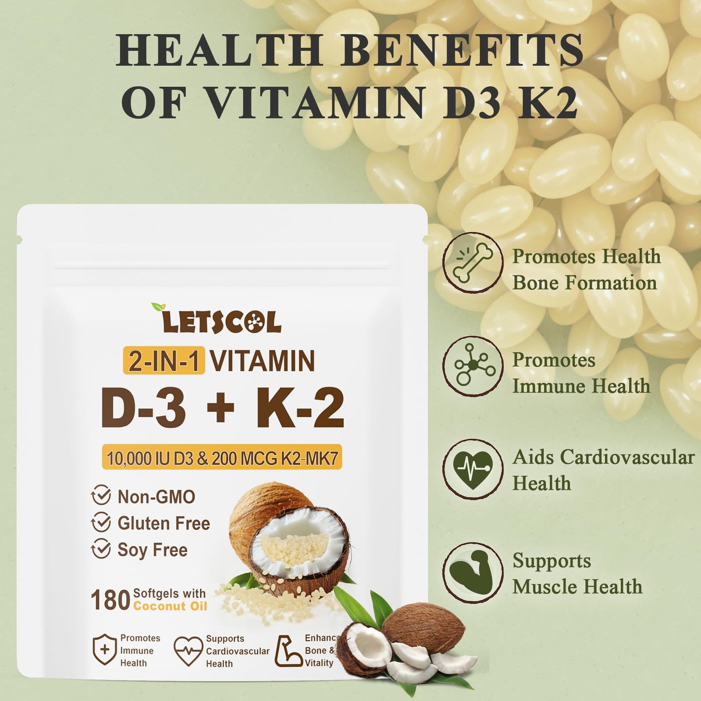 LETSCOL 2-in-1 Vitamin D3 K2 Softgel – 10,000 IU D3 + 200 mcg K2 MK7