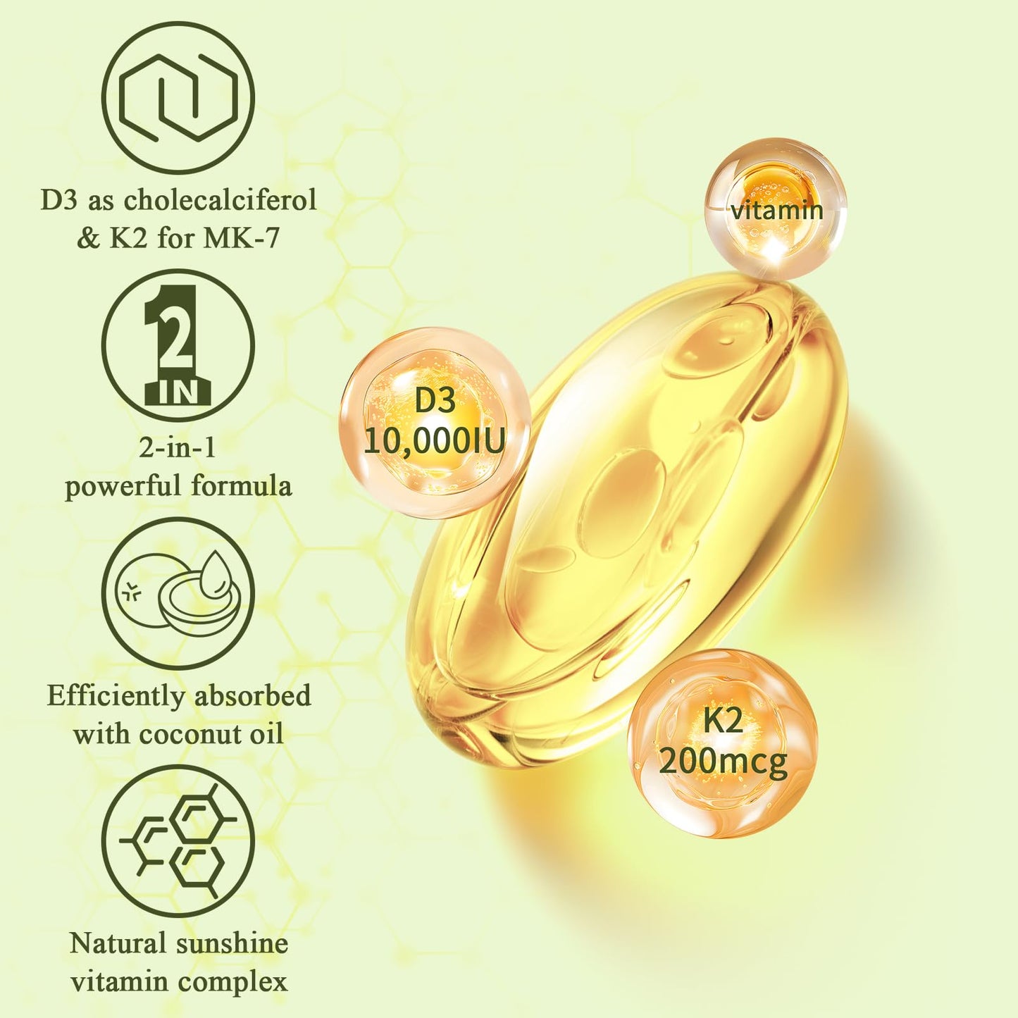 LETSCOL 2-in-1 Vitamin D3 K2 Softgel – 10,000 IU D3 + 200 mcg K2 MK7
