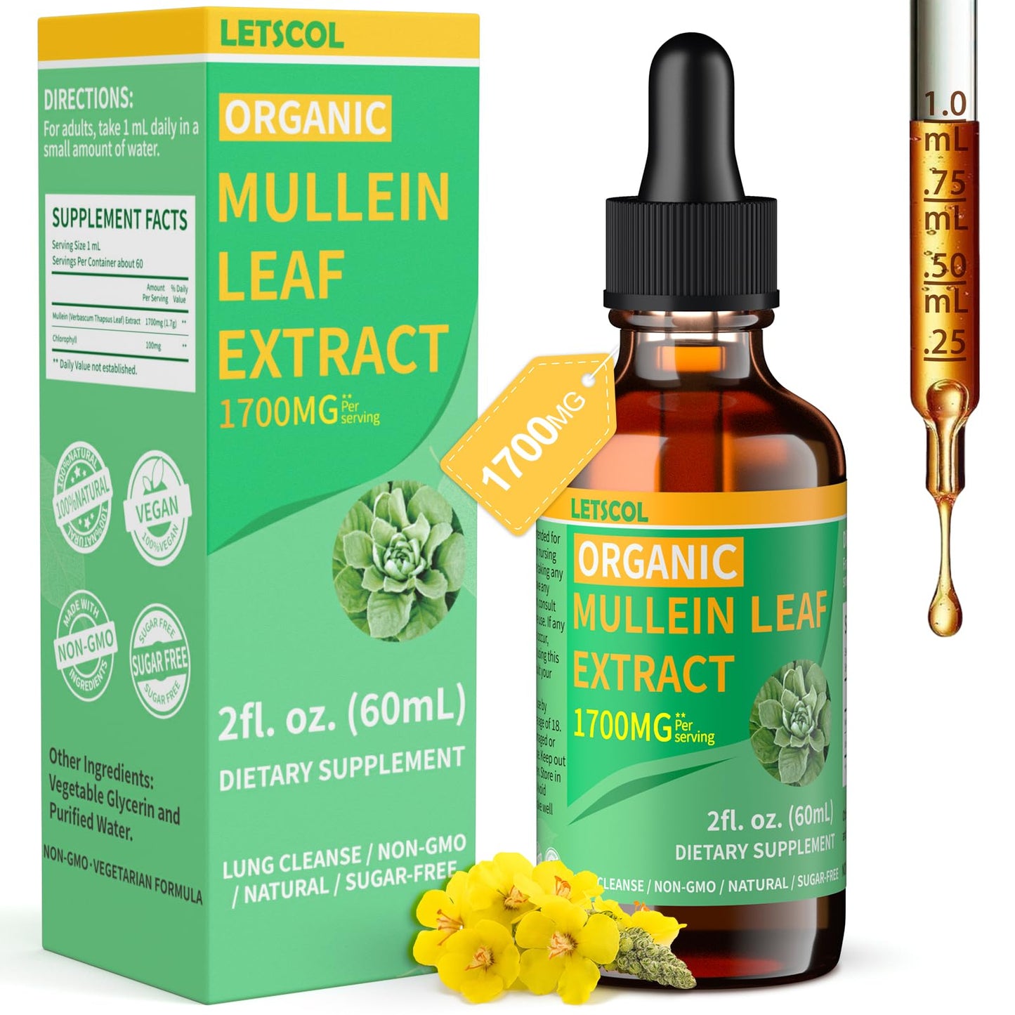 LETSCOL Organic Mullein Drops – 1700mg Mullein Leaf Extract, Non-GMO & Vegan, 2 oz