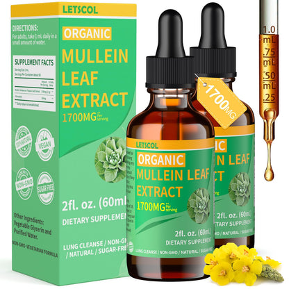 LETSCOL Organic Mullein Drops – 1700mg Mullein Leaf Extract for Lung & Immune Support | Non-GMO, Vegan, 2 Oz