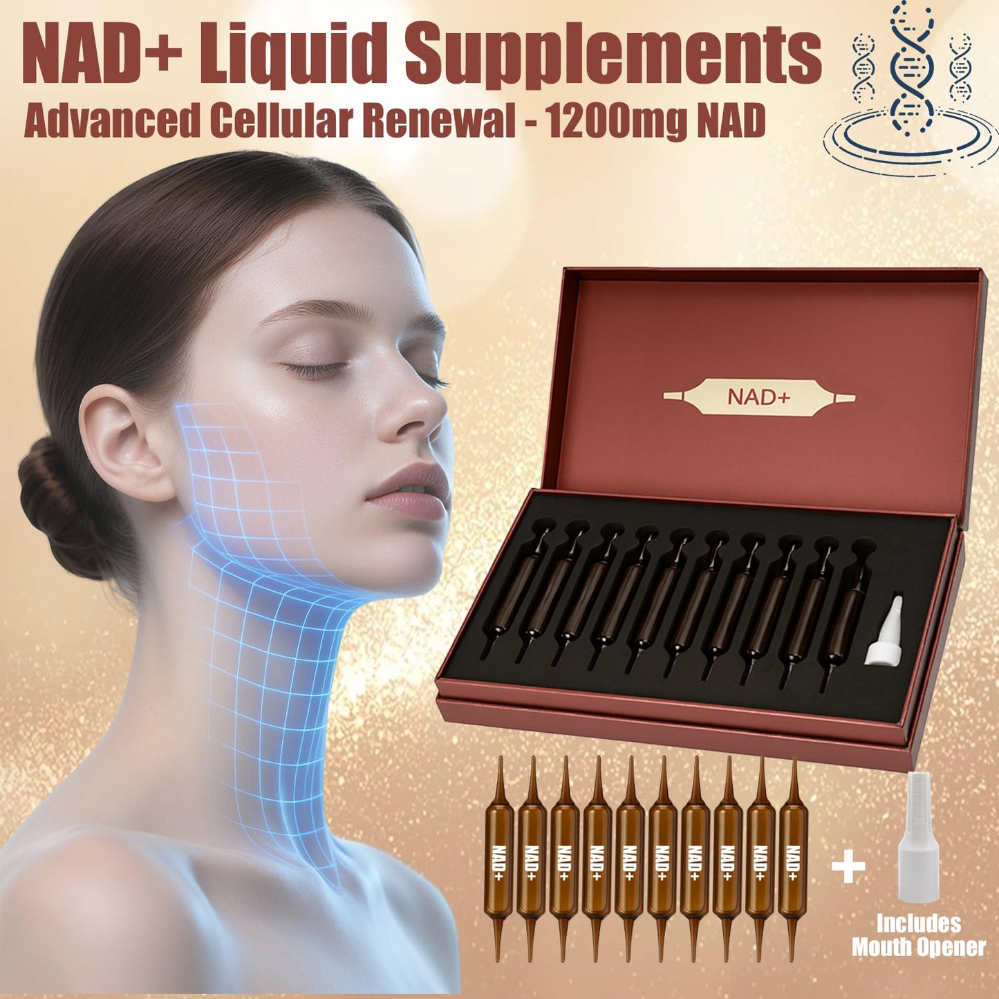 Lexenic NAD+ Advanced Cellular Renewal – 1200mg Liquid NAD+ Supplement for Energy, Focus & Anti-Aging | 10 Vials