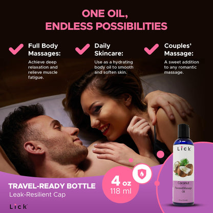 Lick Coconut Massage Oil – Romantic, Body Safe, Non-Greasy 4 oz