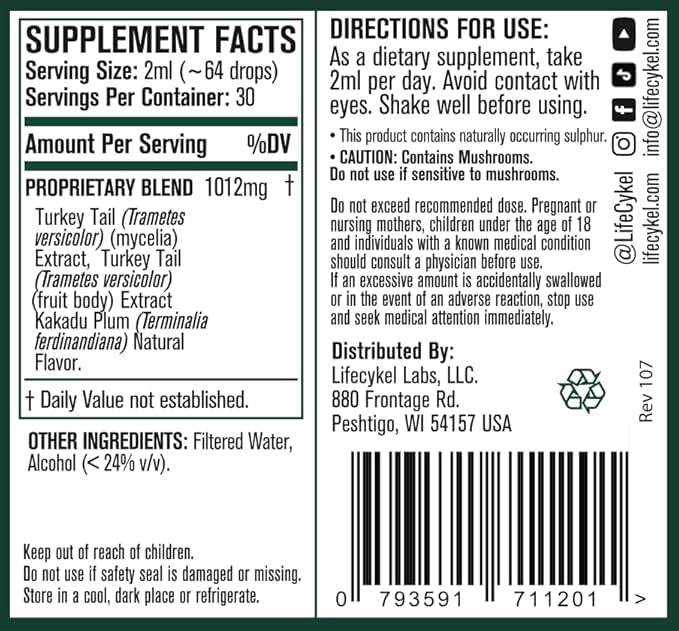 Life Cykel Turkey Tail Mushroom Liquid Extract with Kakadu Plum - Immune & Digestive Health - 1 Fl Oz