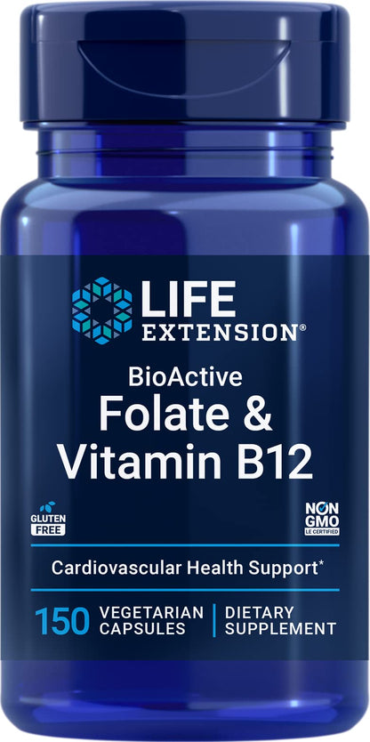 Life Extension BioActive Folate & Vitamin B12 – 150 Vegetarian Capsules | Non-GMO, Gluten Free