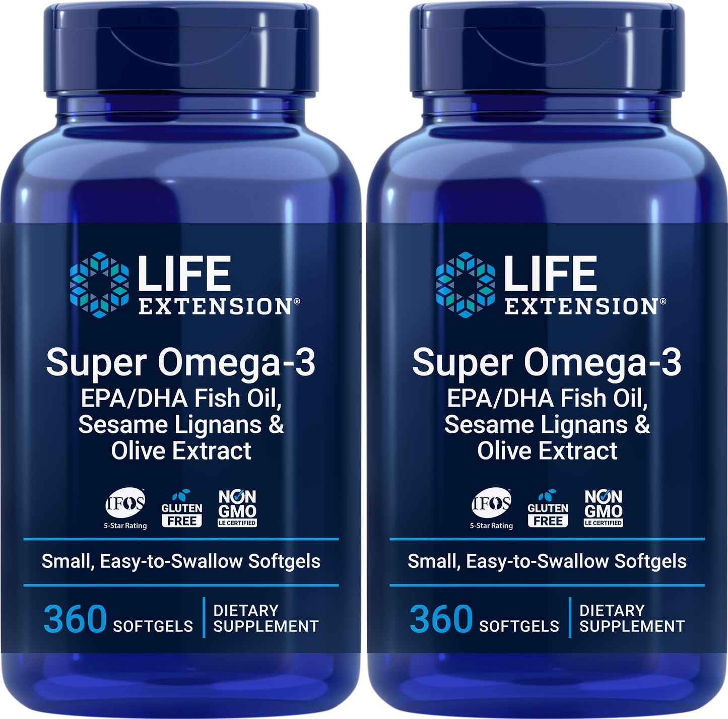 Life Extension Super Omega-3 360 Softgels (2-Pack) – Easy to Swallow, Lemon Flavor, IFOS Certified