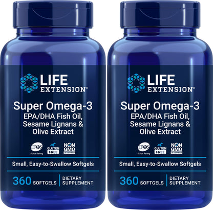 Life Extension Super Omega-3 360 Softgels (2-Pack) – Easy to Swallow, Lemon Flavor, IFOS Certified