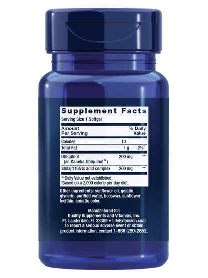 Life Extension Super Ubiquinol CoQ10 with Shilajit – 200 mg, Enhanced Mitochondrial Support | Gluten-Free, Non-GMO