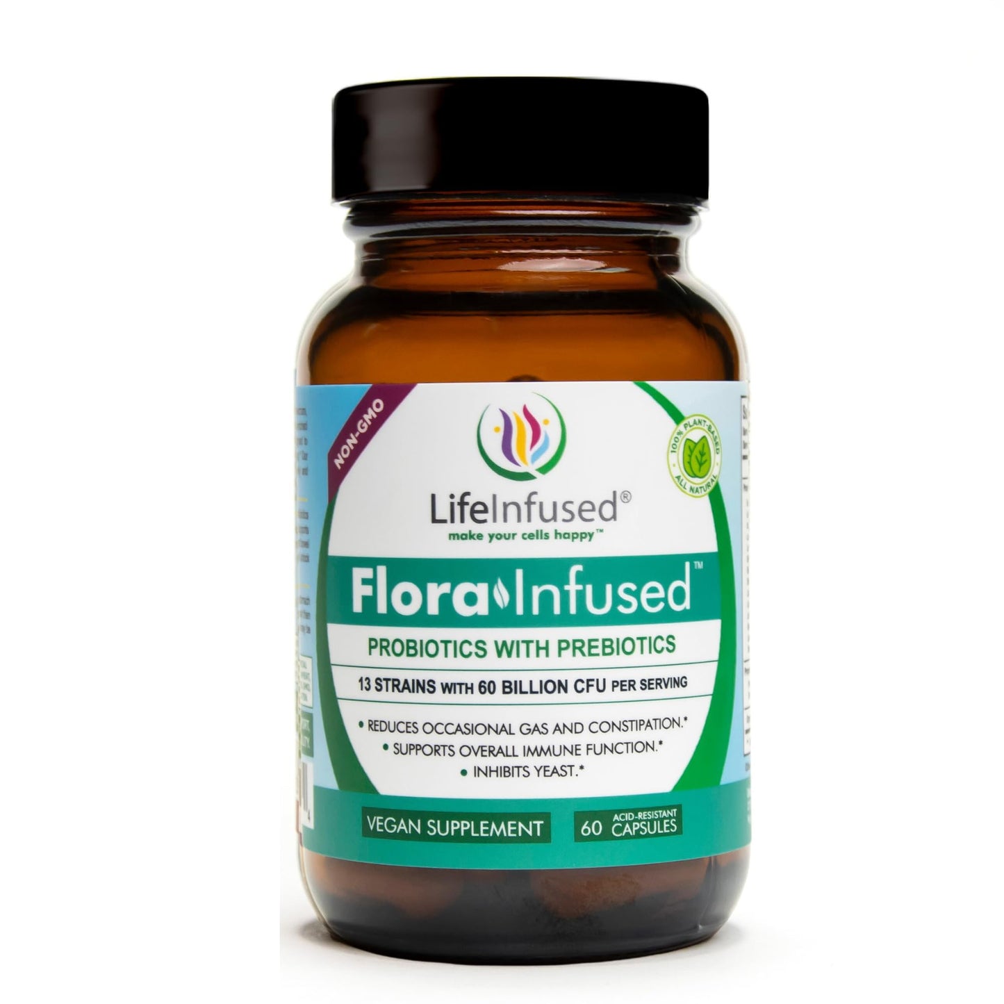 Life Infused Flora Infused Probiotics with Prebiotics - 50 Billion CFU, 13 Strains, Enzyme Blend - Vegan - 60 Capsules