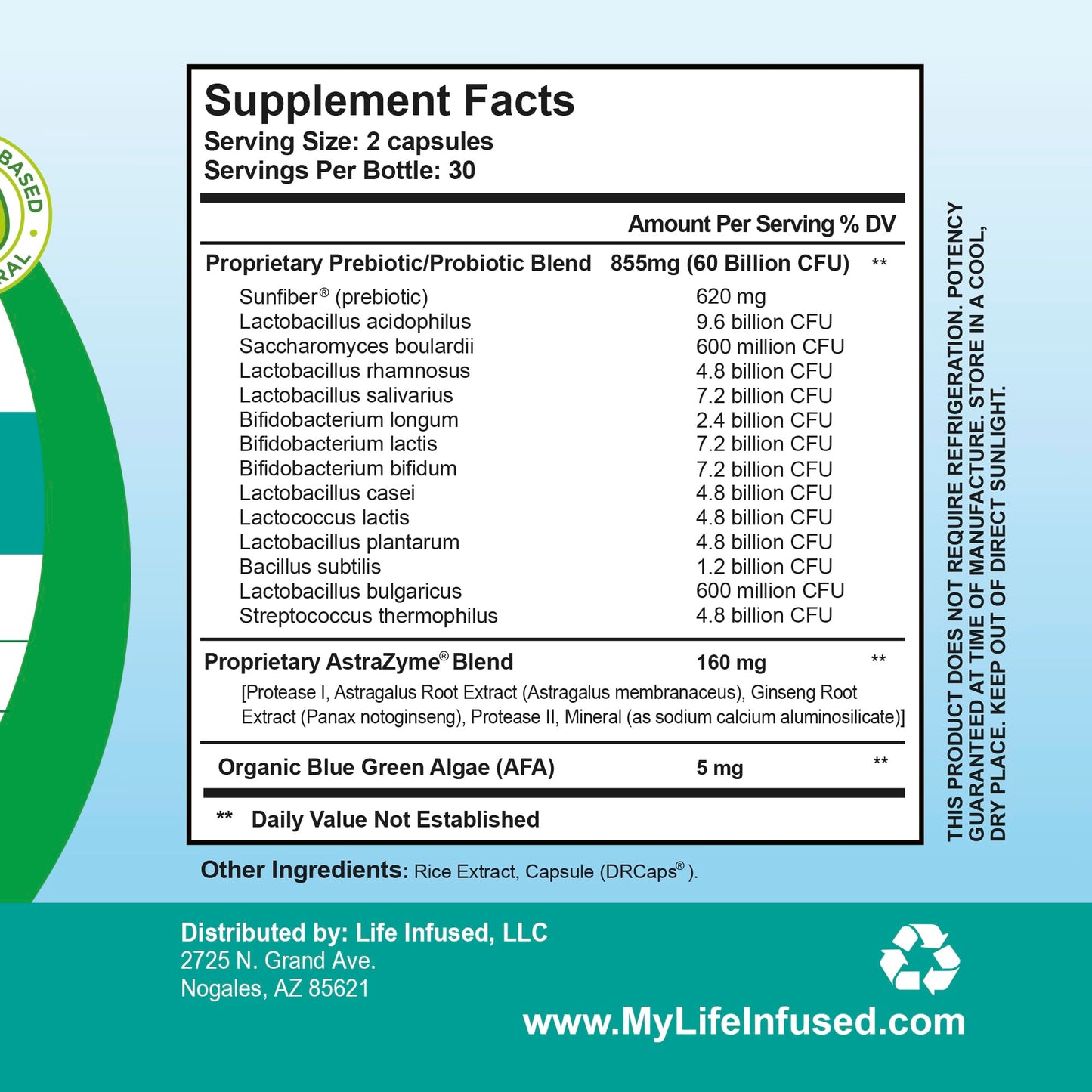 Life Infused Flora Infused Probiotics with Prebiotics - 50 Billion CFU, 13 Strains, Enzyme Blend - Vegan - 60 Capsules
