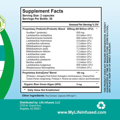 Life Infused Flora Infused Probiotics with Prebiotics - 50 Billion CFU, 13 Strains, Enzyme Blend - Vegan - 60 Capsules