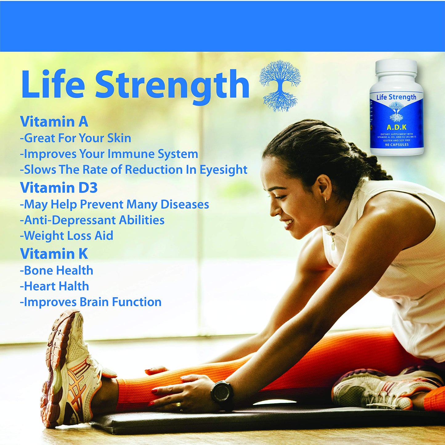 LifeStrength ADK Supplement (90 CT) – A1, D3 & K2 (MK7) for Bone & Immune Health – Pack of 2