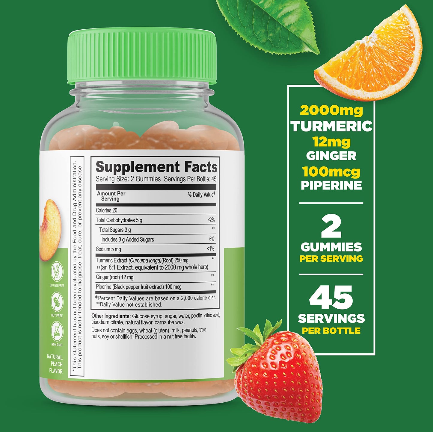 Lifeable Turmeric Curcumin with Ginger & Black Pepper Extract – 2000mg per Serving, 90 Gummies (Pack of 2) – Great Tasting Peach Flavor, Vegetarian & Non-GMO