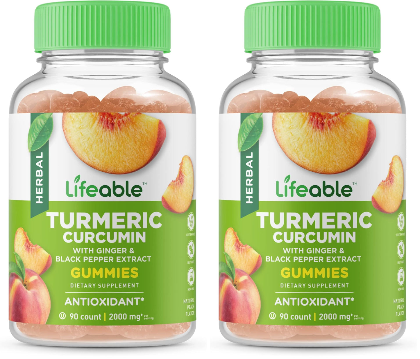 Lifeable Turmeric Curcumin with Ginger & Black Pepper Extract – 2000mg per Serving, 90 Gummies (Pack of 2) – Great Tasting Peach Flavor, Vegetarian & Non-GMO