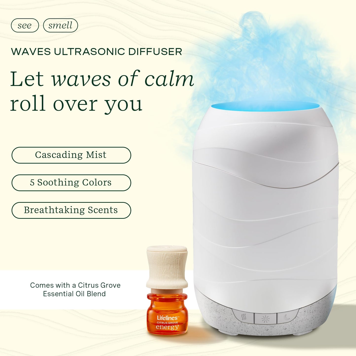 Lifelines Waves Ultrasonic Diffuser 200ml | Citrus Grove Essential Oil Blend | Aromatherapy, Lights, Timers & Auto-Shutoff