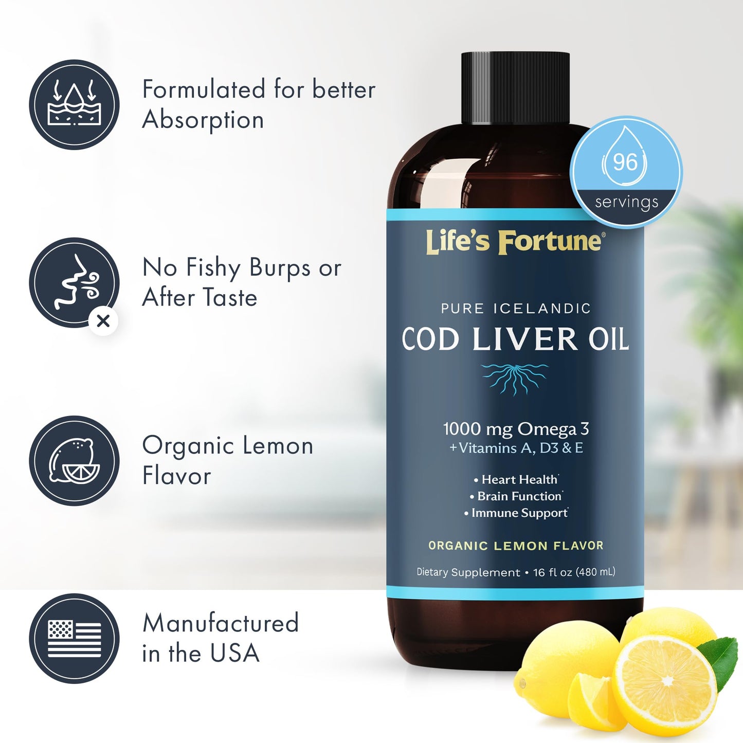 Cod Liver Oil Lemon – Organic 1000 mg Omega-3s (DHA/EPA) + Vitamins A, E & D3 | 16 oz