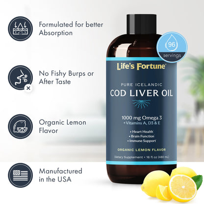Cod Liver Oil Lemon – Organic 1000 mg Omega-3s (DHA/EPA) + Vitamins A, E & D3 | 16 oz