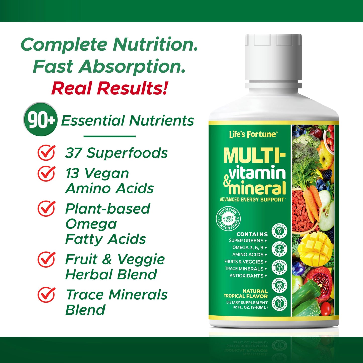 Life's Fortune Liquid Multivitamin – High Absorption Daily Vitamins for Adults & Teens | Tropical Flavor | Sugar Free | Pack of 2 (32 oz)