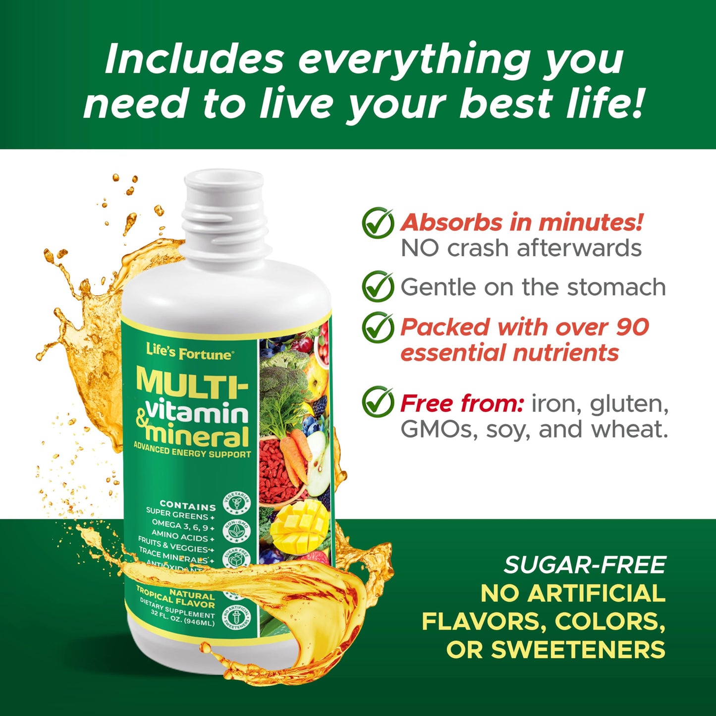Life's Fortune Liquid Multivitamin – High Absorption Daily Vitamins for Adults & Teens | Tropical Flavor | Sugar Free | Pack of 2 (32 oz)
