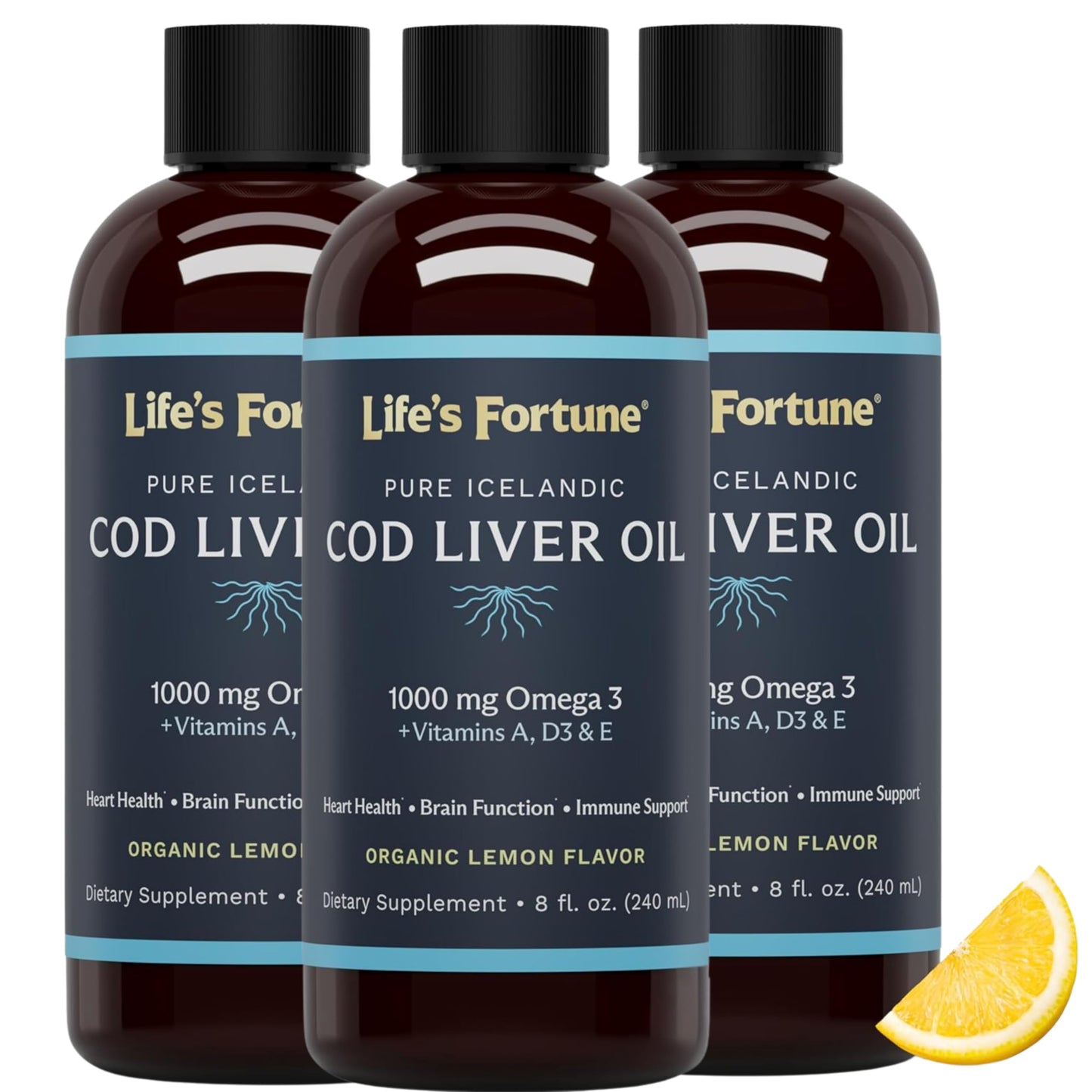 Life's Fortune Cod Liver Oil Lemon – 1000 mg Omega-3 + Vitamins A, D3, E | Immune, Joints & Eyes Support | 8 fl oz (Pack of 3)
