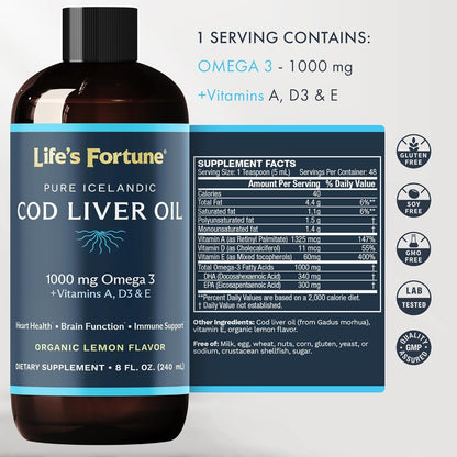 Life's Fortune Cod Liver Oil Lemon – 1000 mg Omega-3 + Vitamins A, D3, E | Immune, Joints & Eyes Support | 8 fl oz (Pack of 3)
