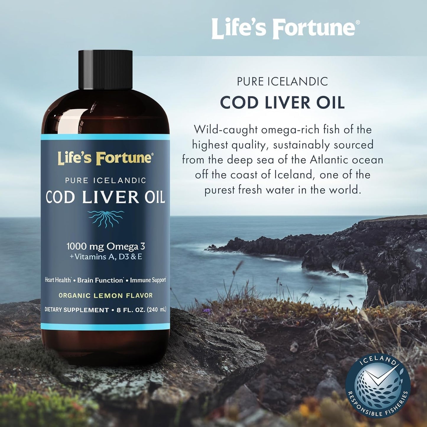 Life's Fortune Cod Liver Oil Lemon – 1000 mg Omega-3 + Vitamins A, D3, E | Immune, Joints & Eyes Support | 8 fl oz (Pack of 3)