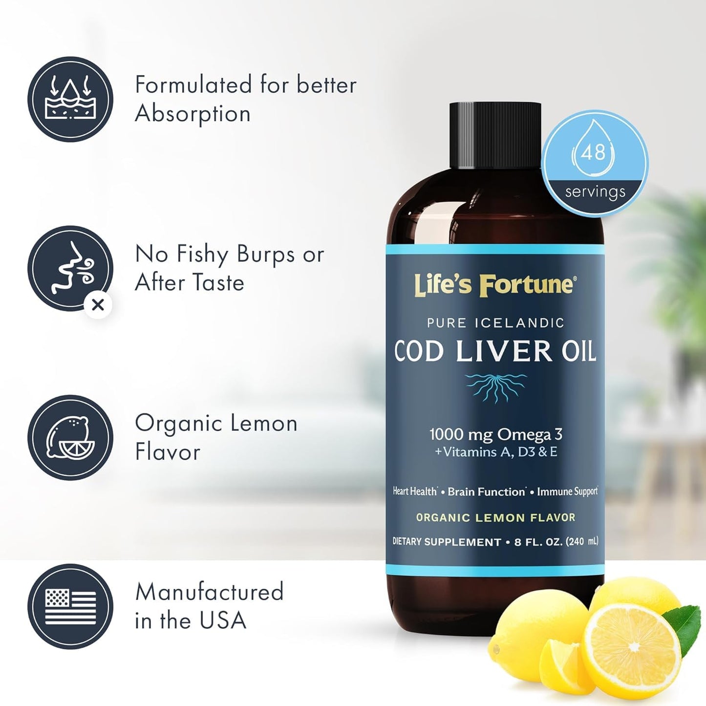 Life's Fortune Cod Liver Oil Lemon – 1000 mg Omega-3 + Vitamins A, D3, E | Immune, Joints & Eyes Support | 8 fl oz (Pack of 3)