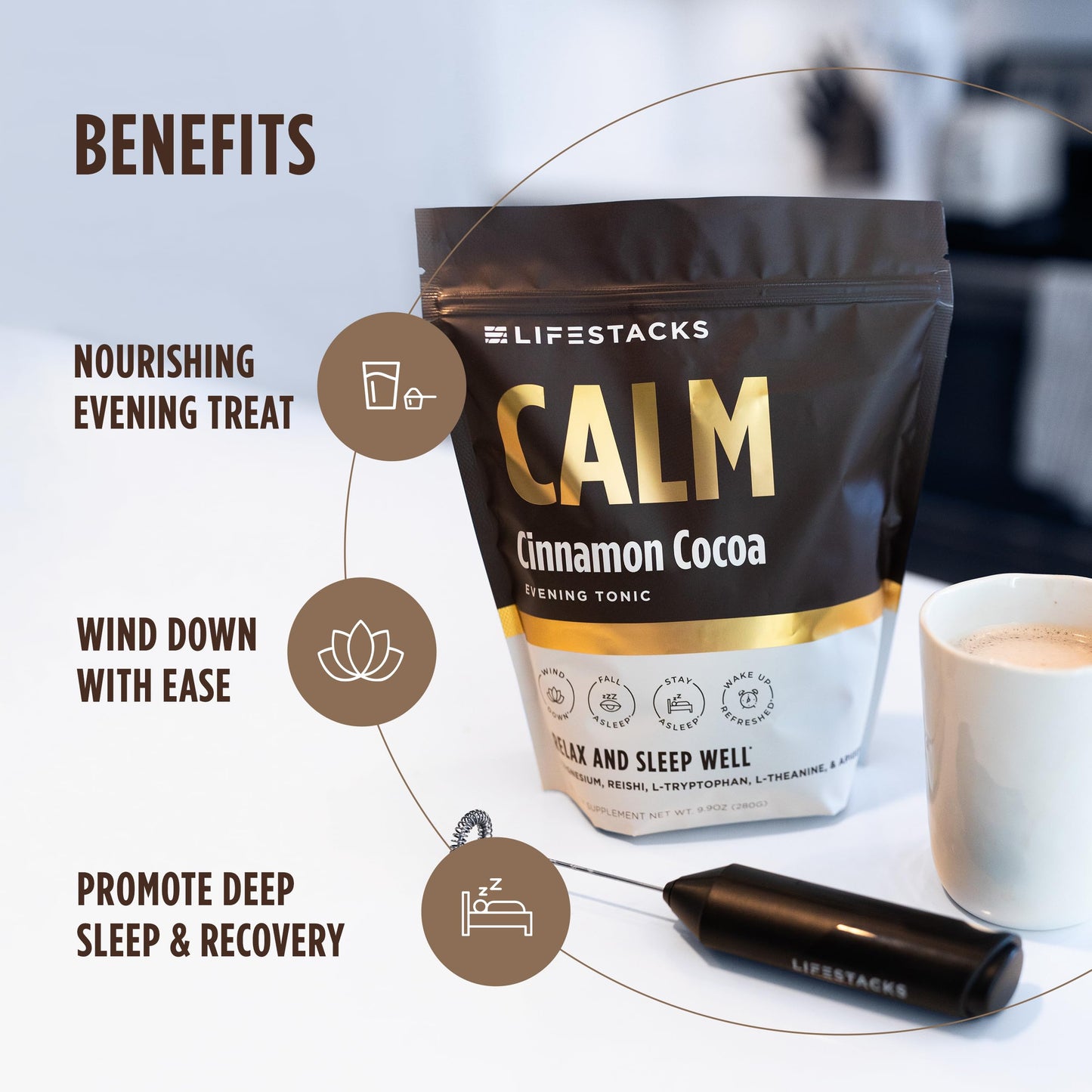 LIFESTACKS Calm Evening Tonic Sleep Powder – Cinnamon-Cocoa Nighttime Drink Mix