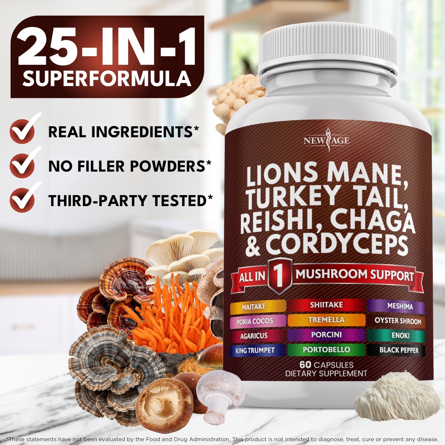 NEW AGE Lions Mane 20-in-1 Mushroom Supplement with Turkey Tail, Reishi, Chaga, Cordyceps, Marshmallow Root – 180 Count